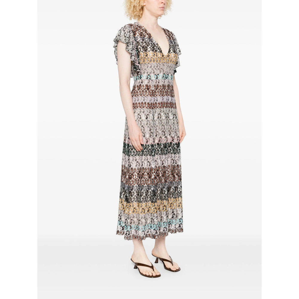 Multicolour V-neck Dress With Ruffled Sleeves