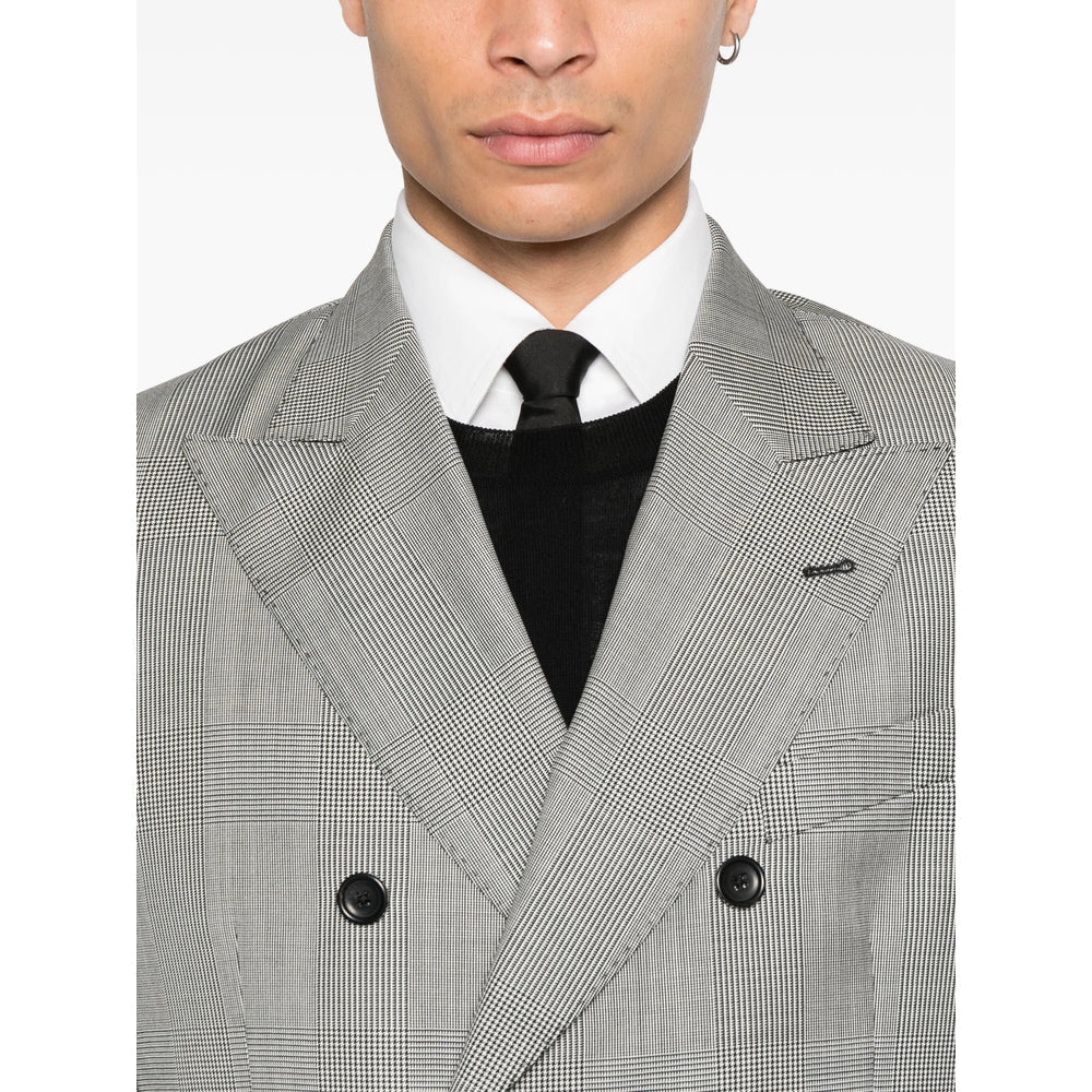 Grey Checked Peak Lapel Coat