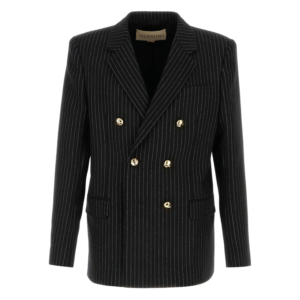 Silk Embroidered Black Pinstripe Double Breasted Jacket