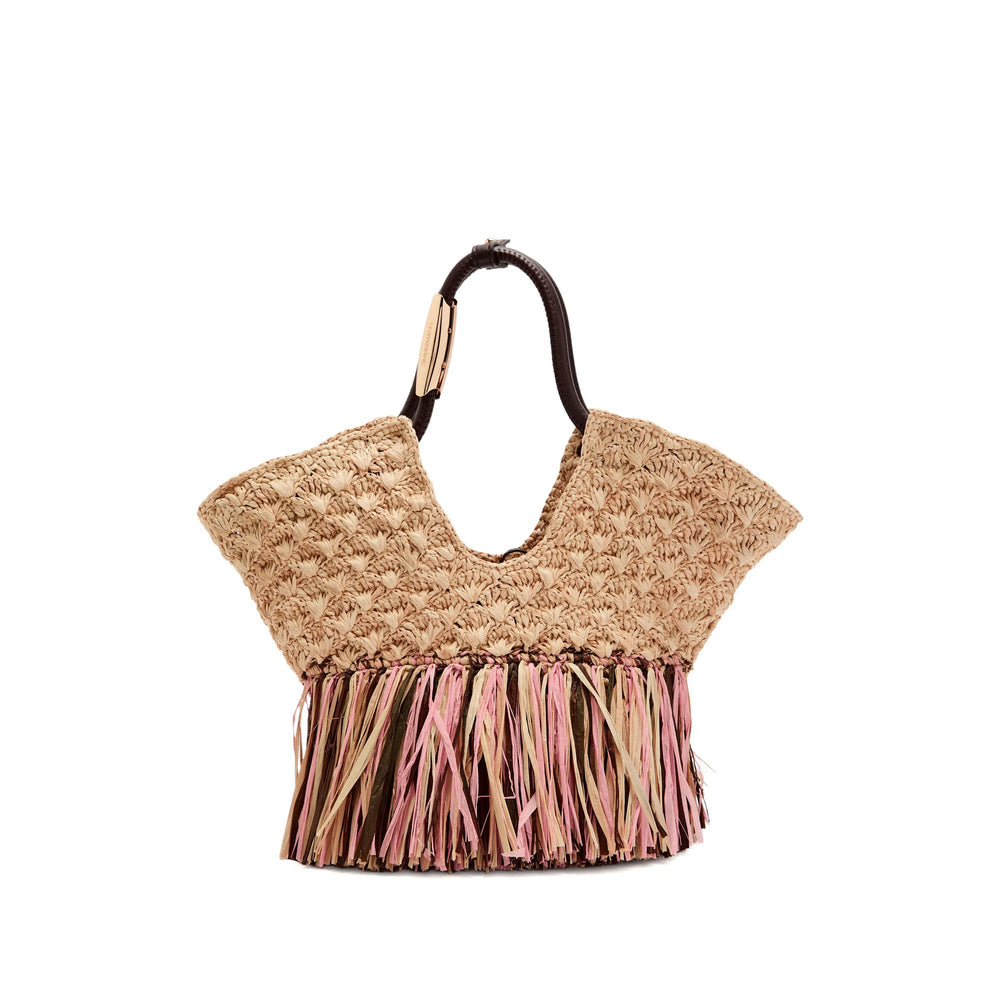 Dark Brown Raffia Fringe Tote