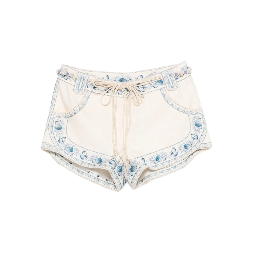 Soft Beige Floral Drawstring Linen Pant