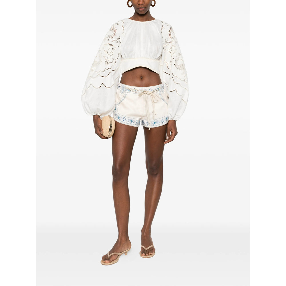 Soft Beige Floral Drawstring Linen Pant