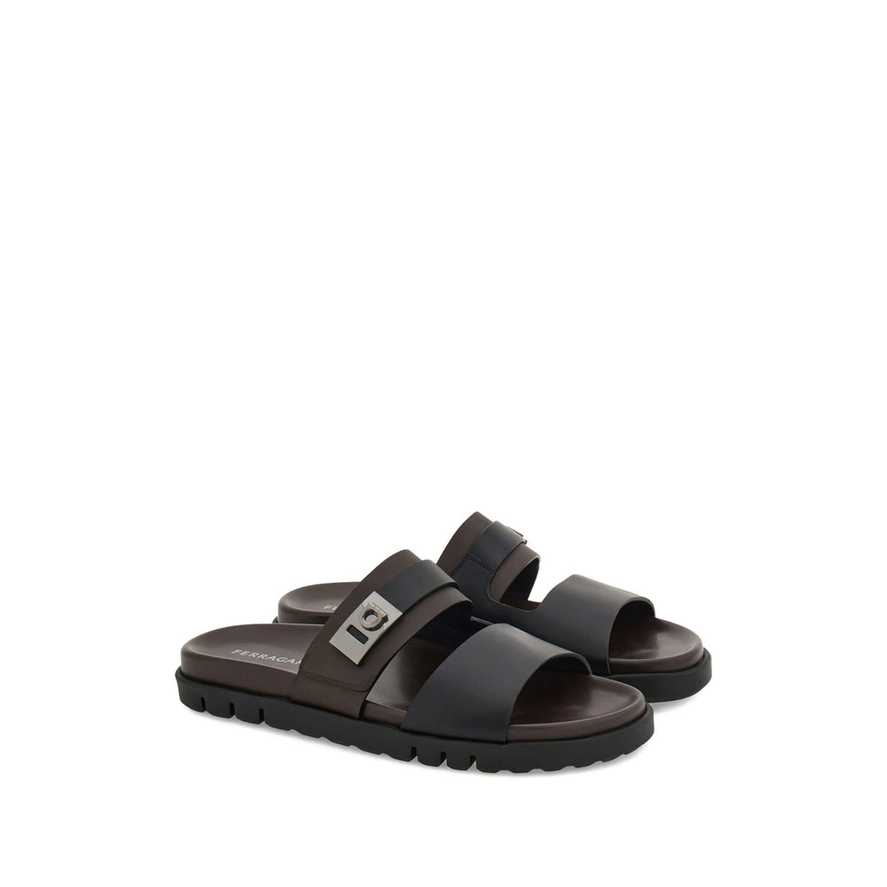 Black Calfskin Double Strap Sandal