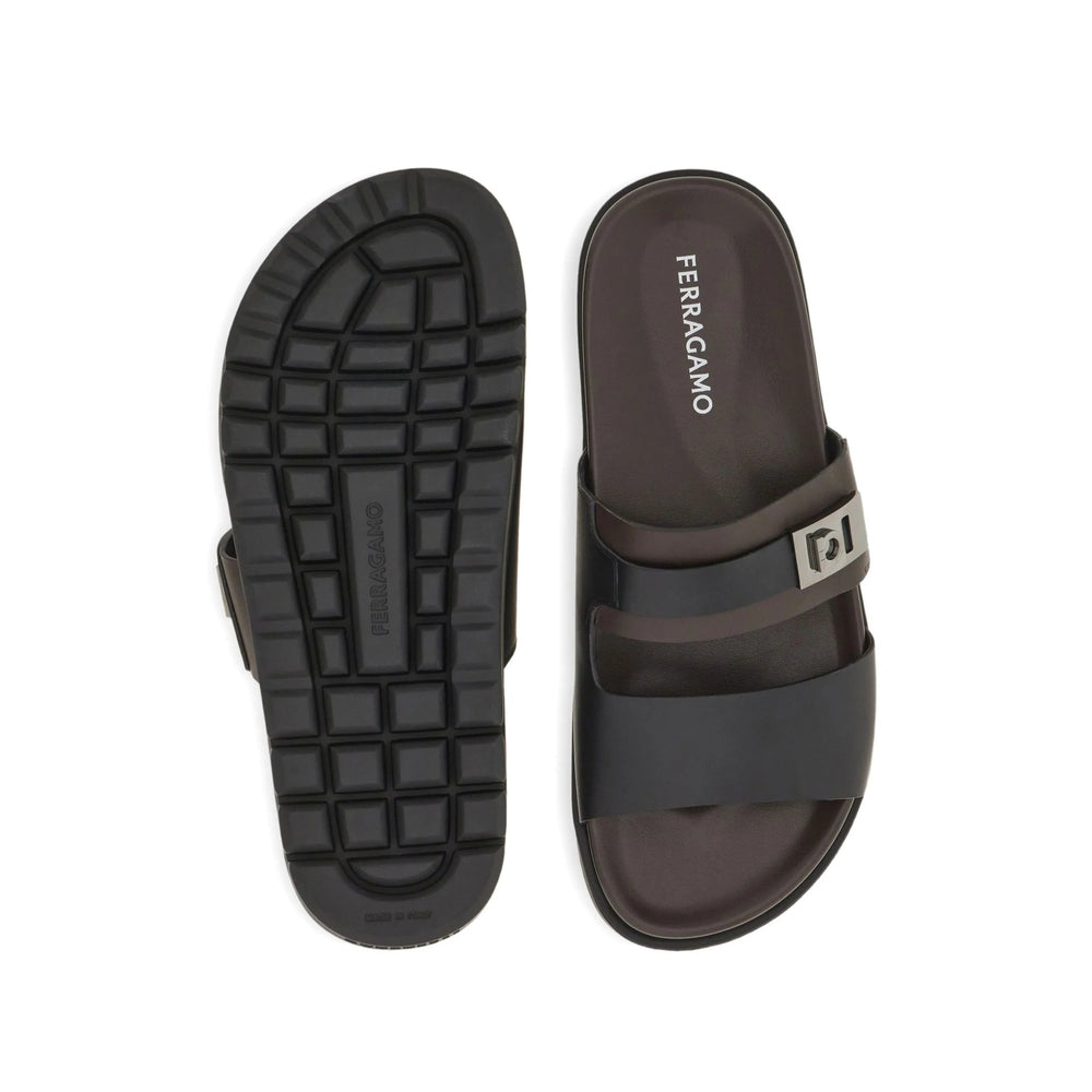 Black Calfskin Double Strap Sandal