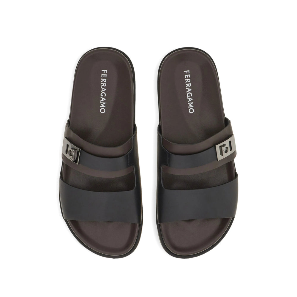 Black Calfskin Double Strap Sandal