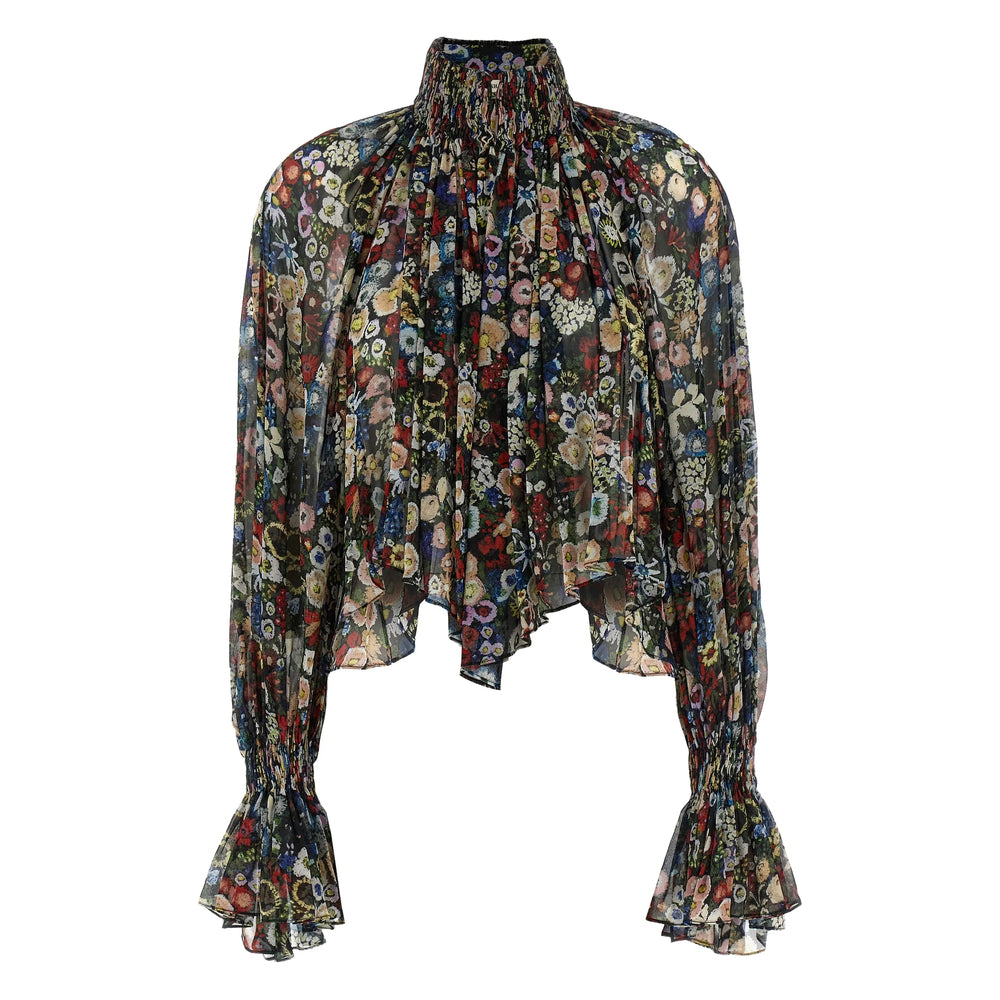 Three-tone Floral Mock-neck Blouse