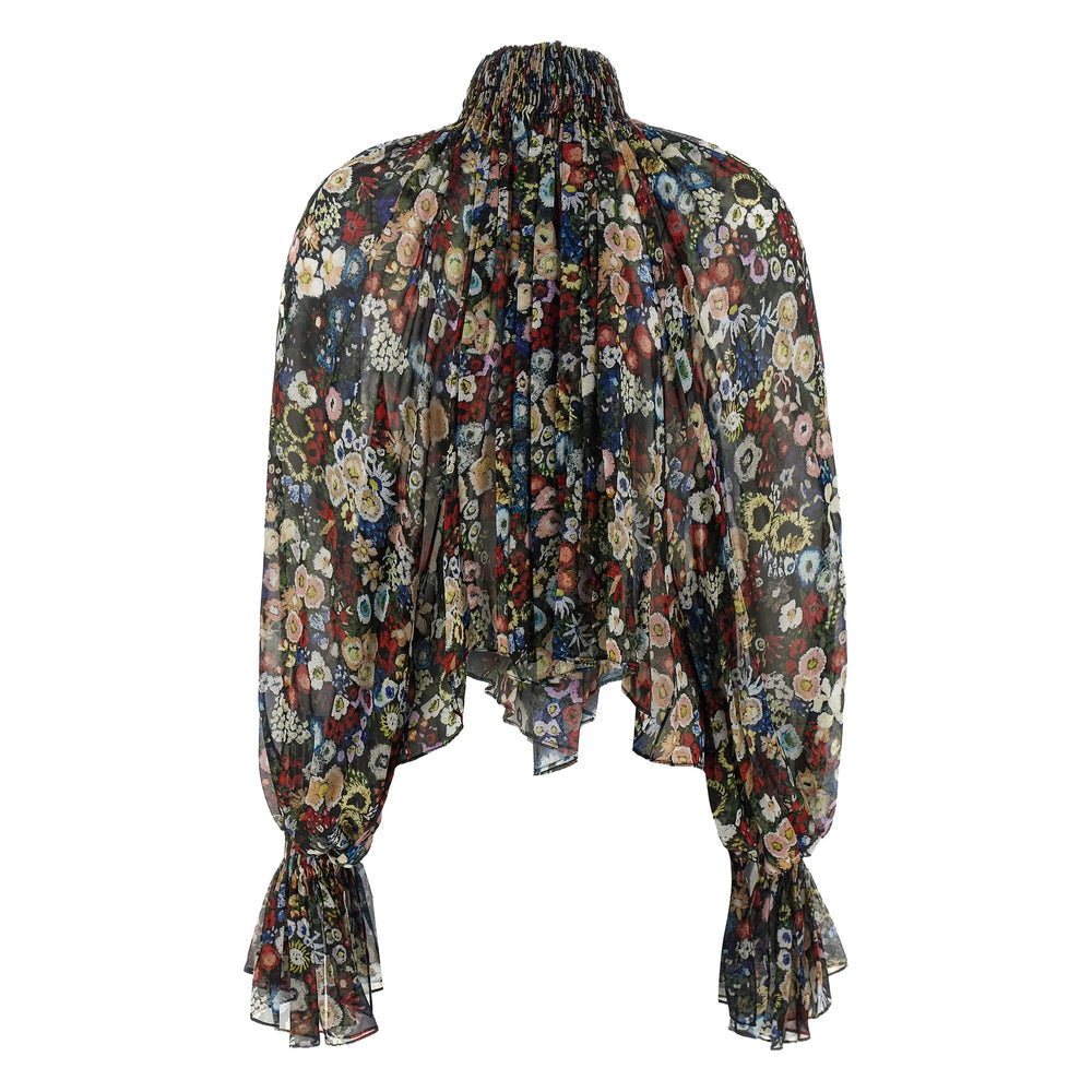 Three-tone Floral Mock-neck Blouse