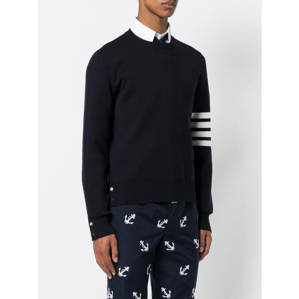 Soft Navy Blue Crew Neck Sweater With Stripe