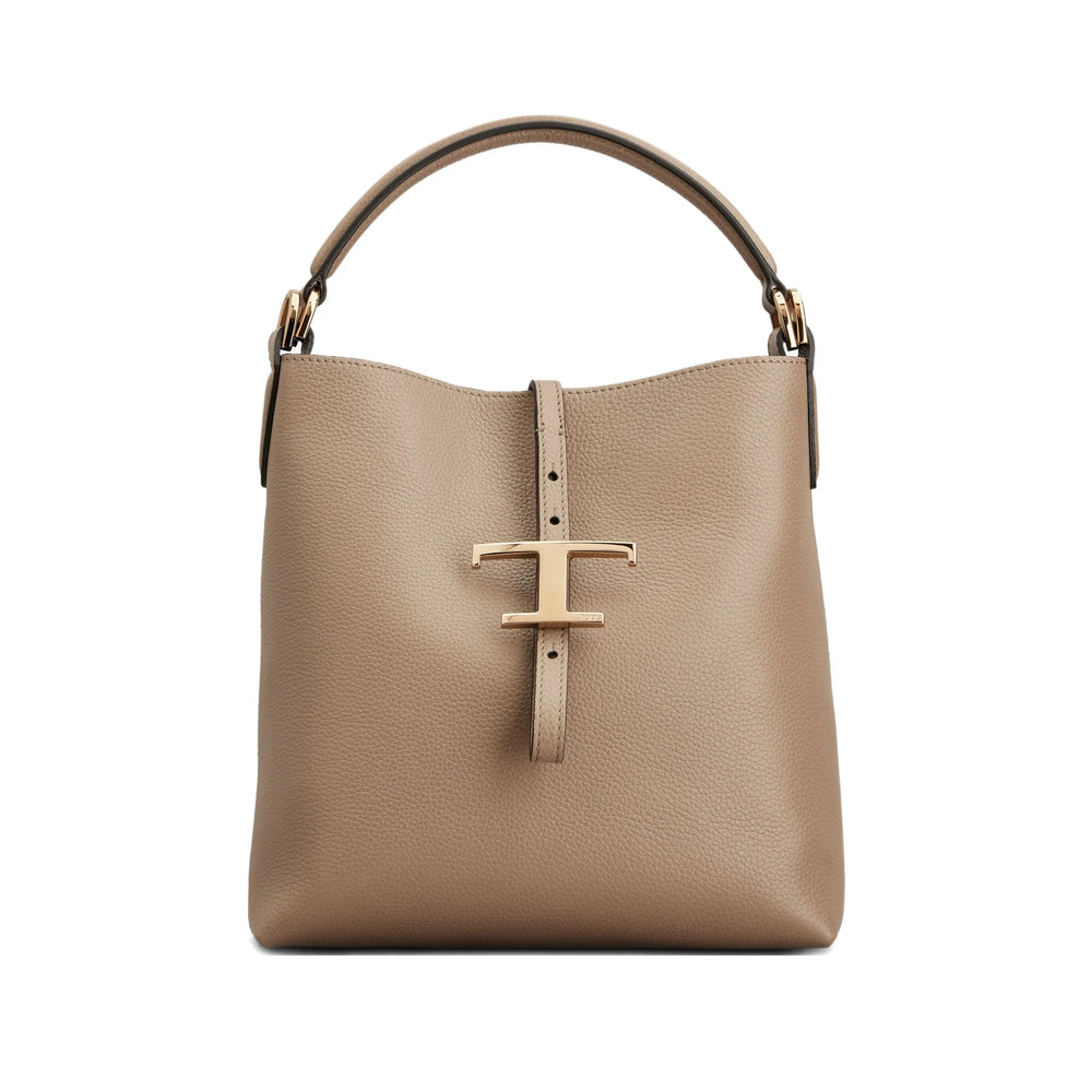 Taupe Calf Leather Carry Bag With Gold Accents