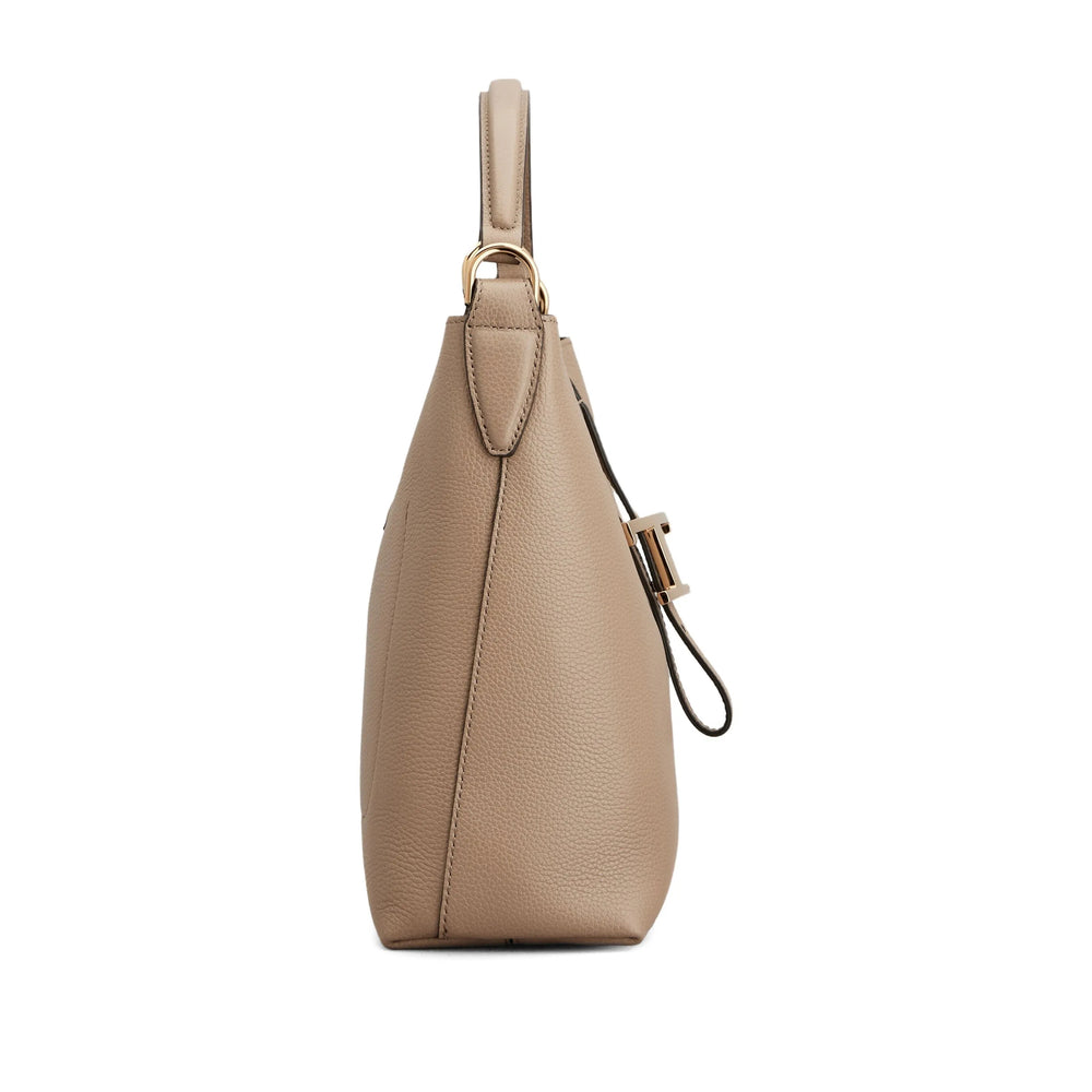 Taupe Calf Leather Carry Bag With Gold Accents