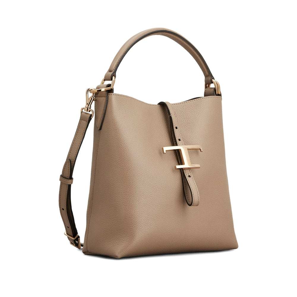 Taupe Calf Leather Carry Bag With Gold Accents