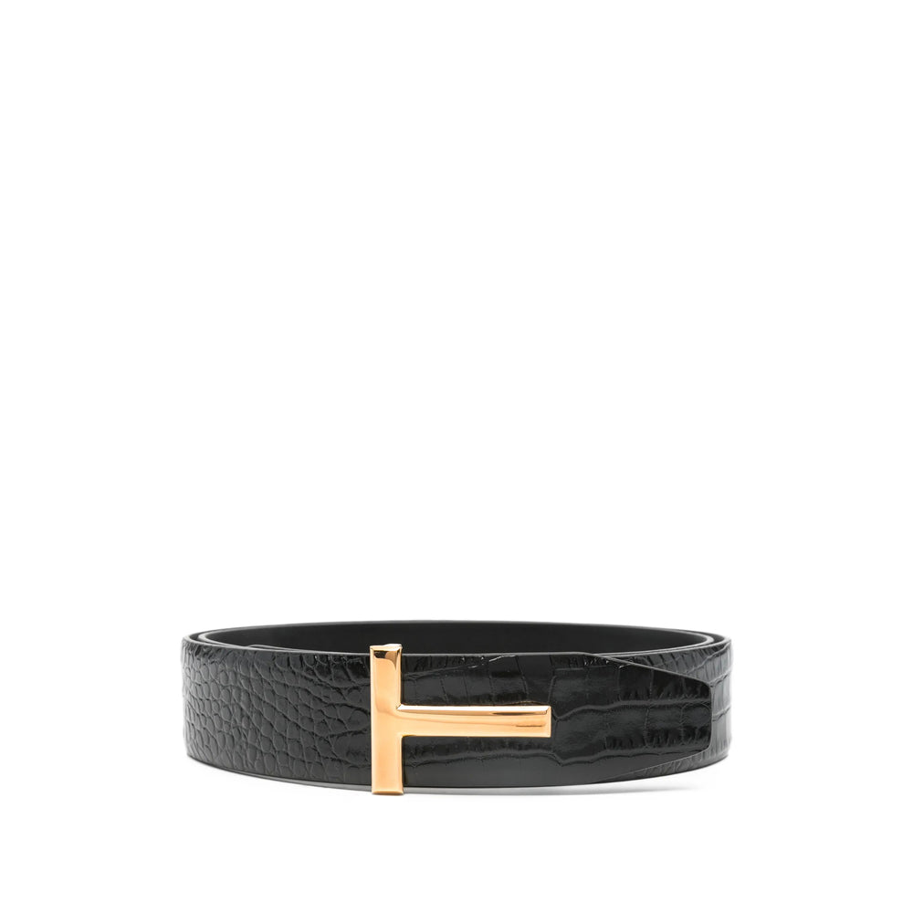 Black Crocodile Leather T-buckle Belt