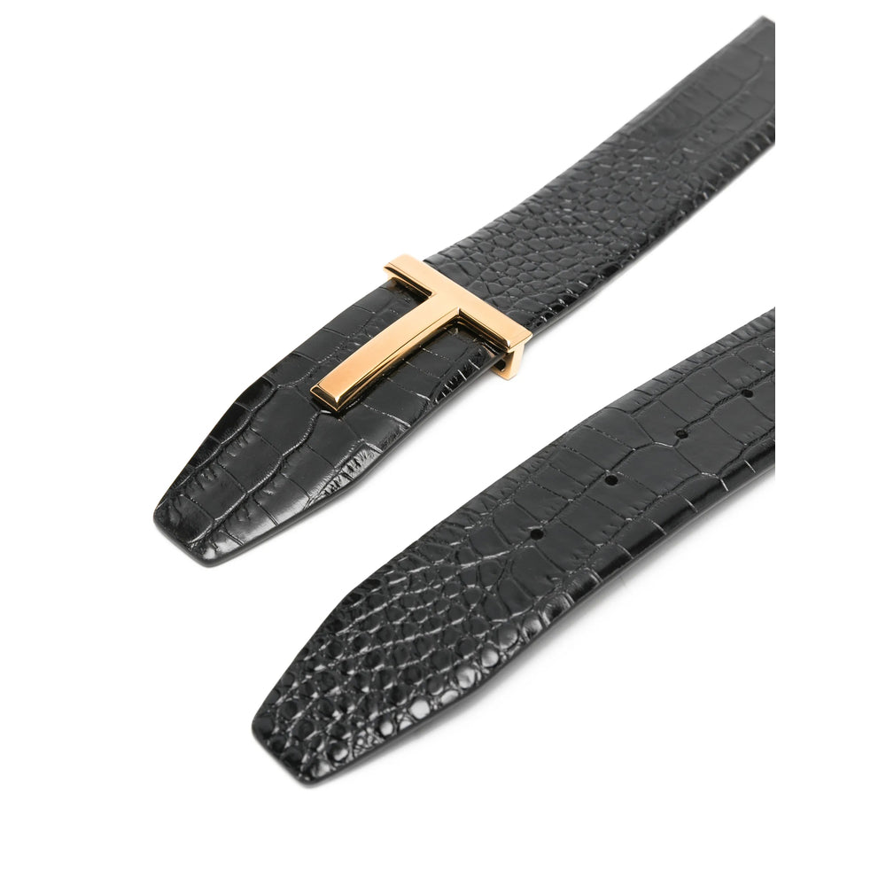 Black Crocodile Leather T-buckle Belt