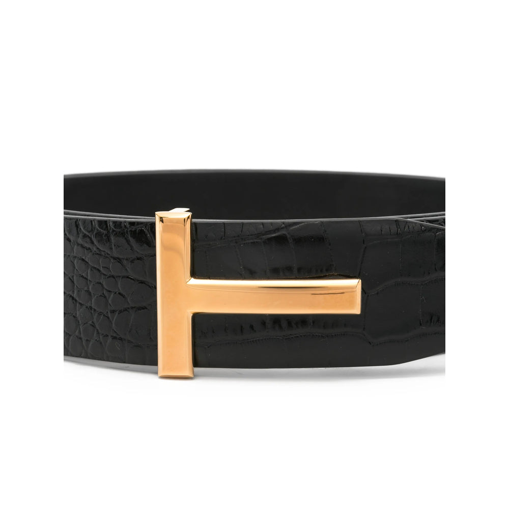 Black Crocodile Leather T-buckle Belt