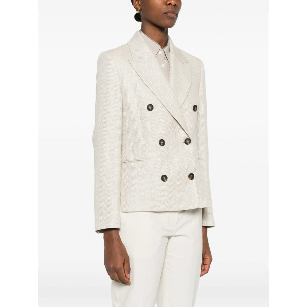 Beige Herringbone Double-breasted Coat