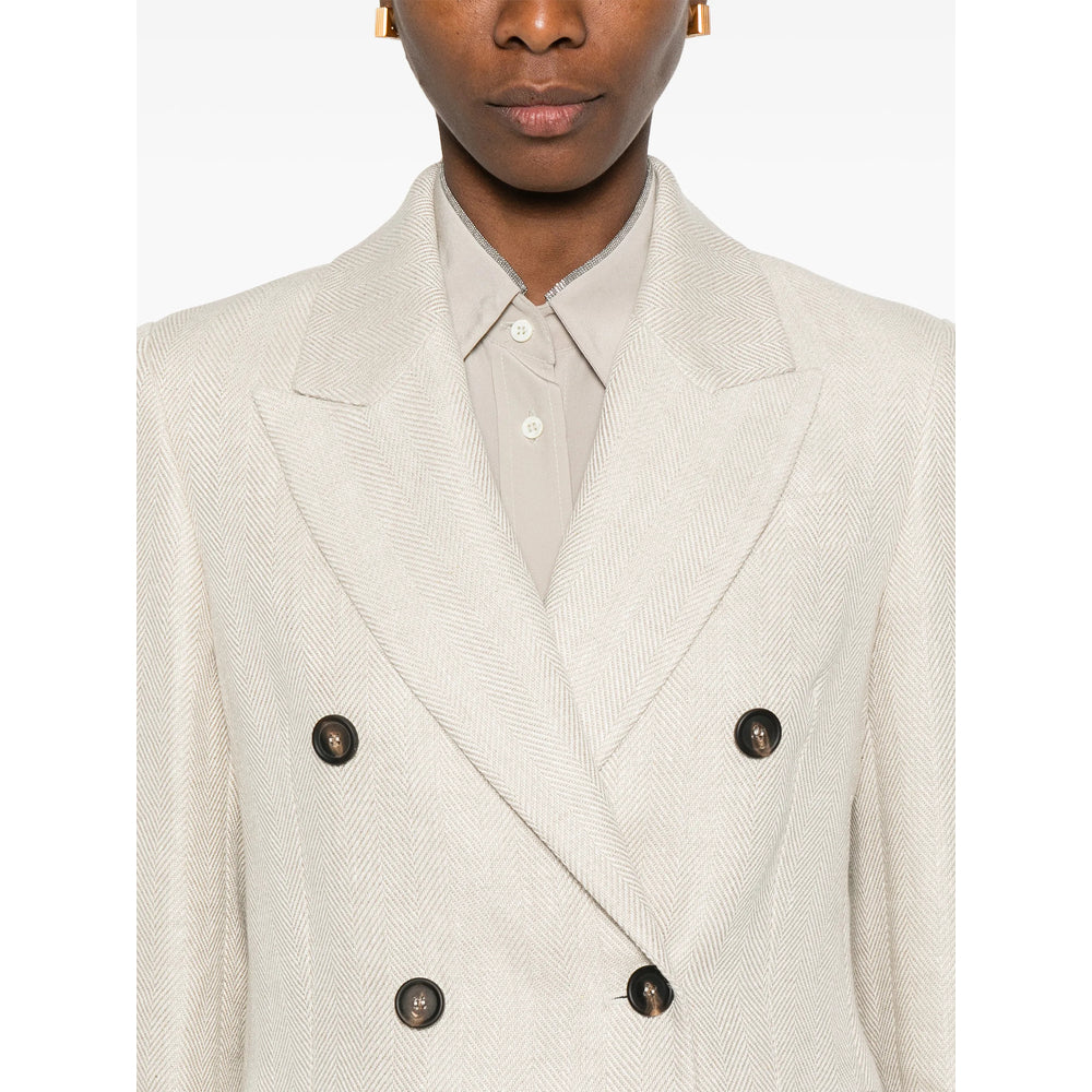 Beige Herringbone Double-breasted Coat