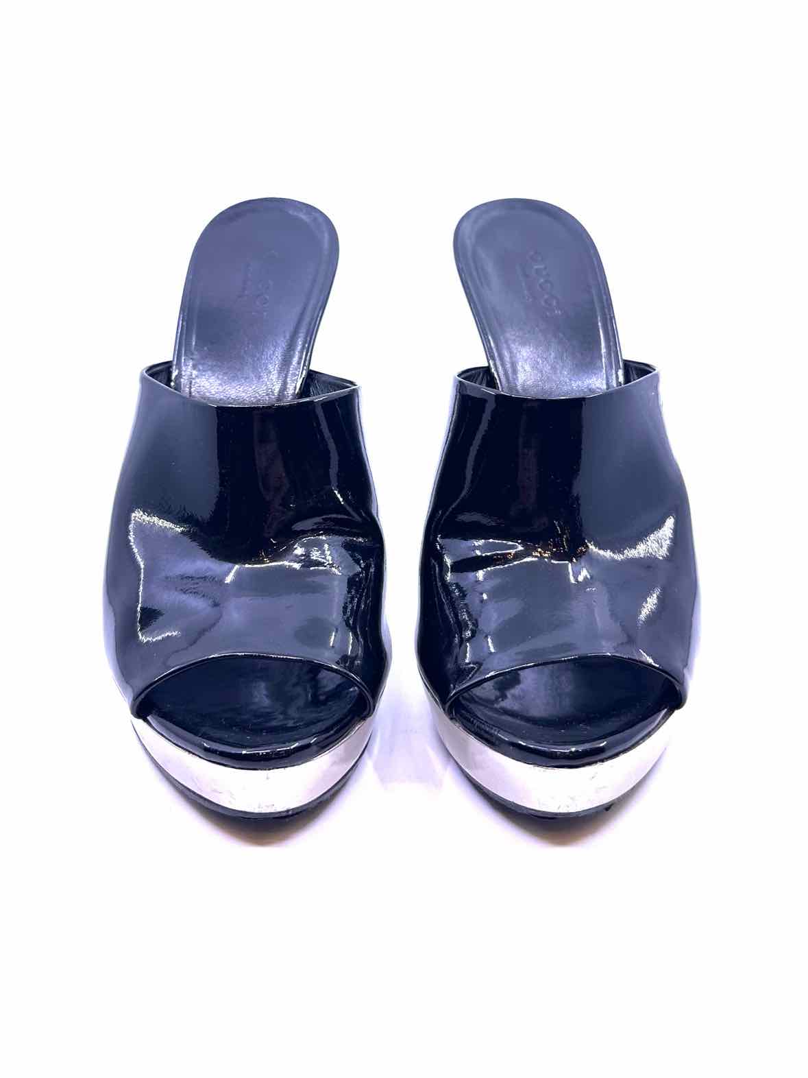 GUCCI Size 6.5 Black Patent Leather Solid Mules