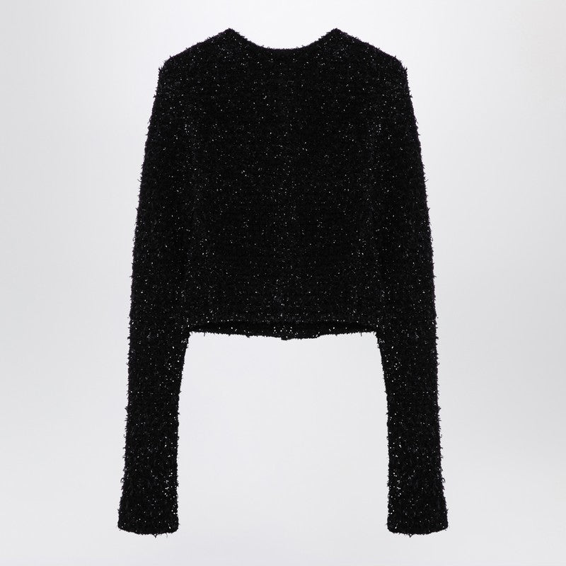 Black Cotton Blend Tweed Cropped Cardigan