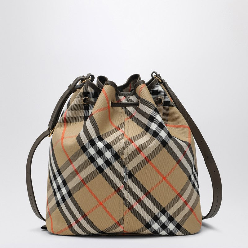 Medium Beige Bucket Bag With Check Pattern