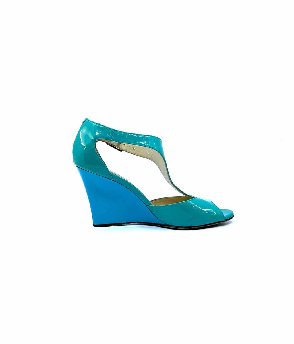 JIMMY CHOO Size 7 Turquoise Patent Leather Solid Wedge