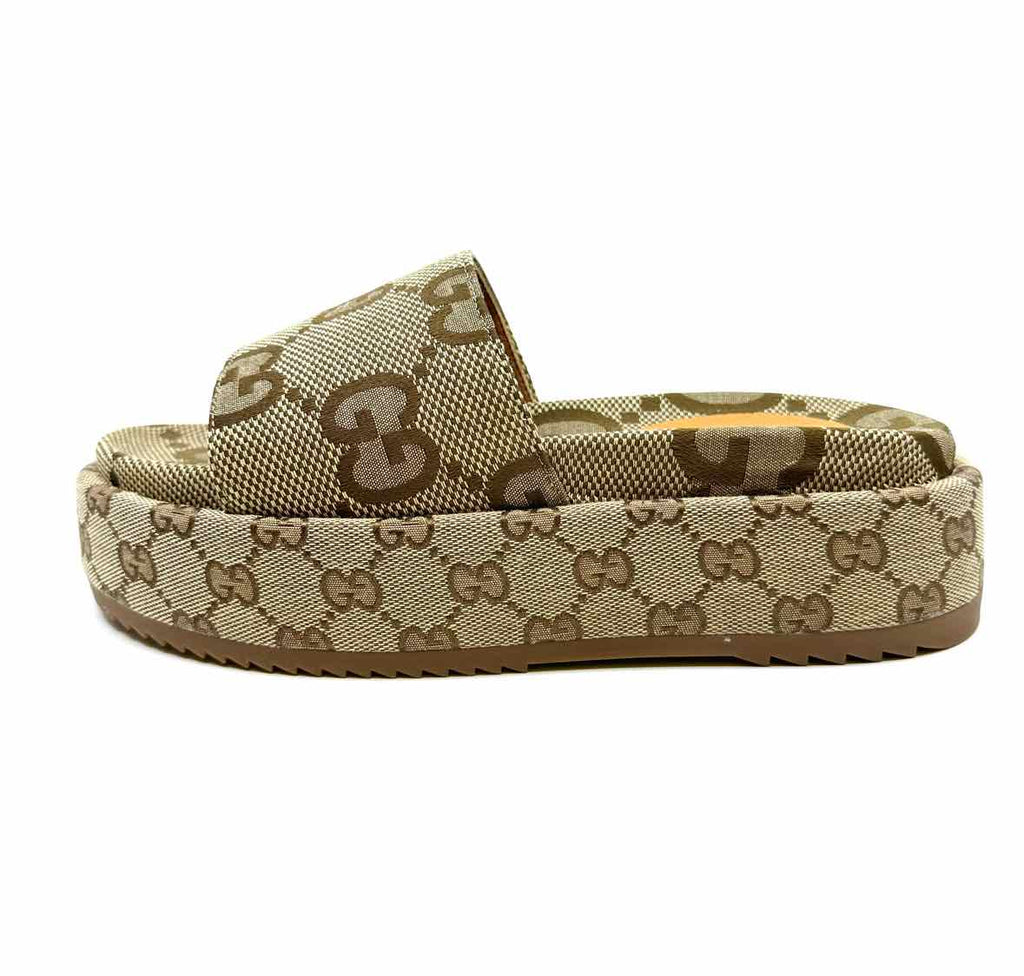 GUCCI Angelina Size 11 Brown, Cream Canvas Monogram Slide