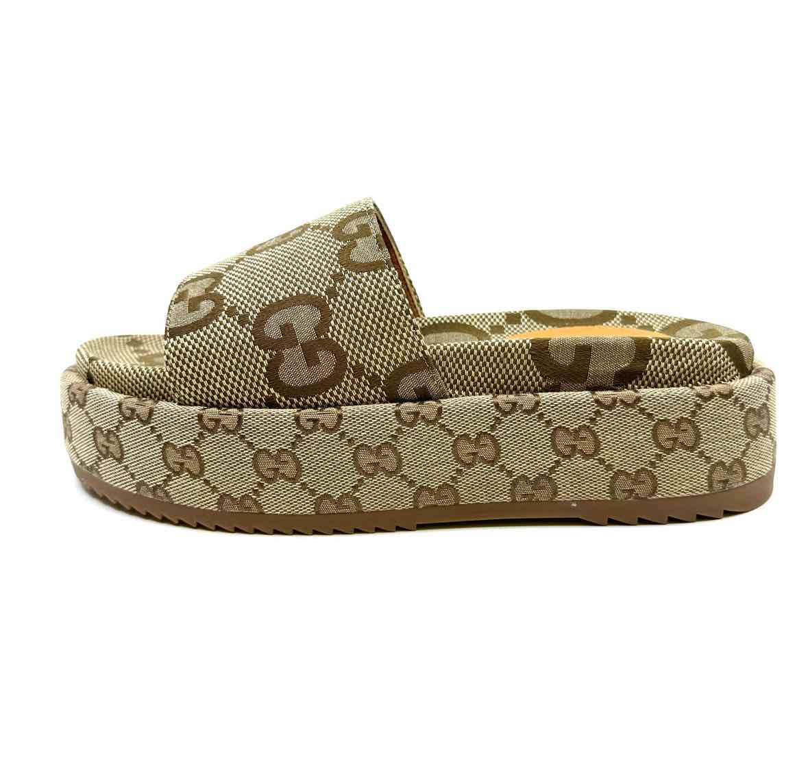 GUCCI Angelina Size 11 Brown, Cream Canvas Monogram Slide