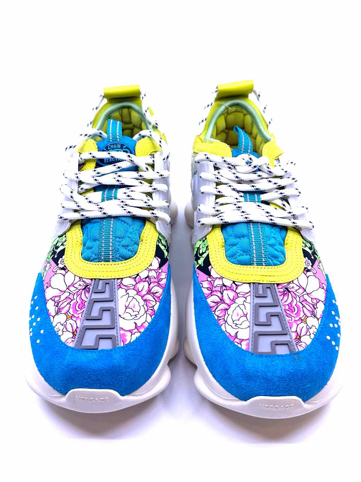 VERSACE Chain Reaction Sneakers Size 10 Green, Blue Suede Nylon Floral Sneakers