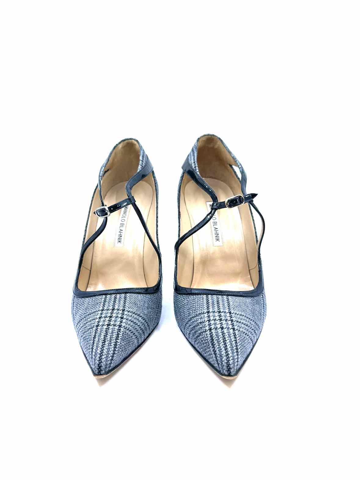 MANOLO BLAHNIK Size 10.5 Grey Fabric Plaid Pumps