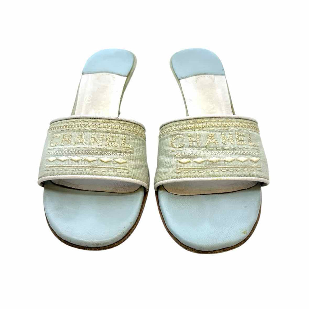CHANEL Size 6.5 Baby Blue Canvas Monogram Sandals