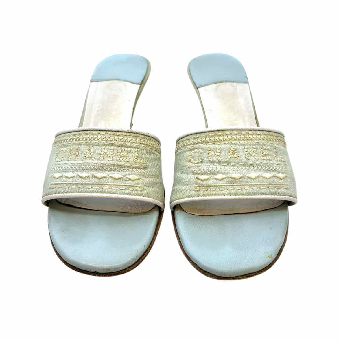 CHANEL Size 6.5 Baby Blue Canvas Monogram Sandals