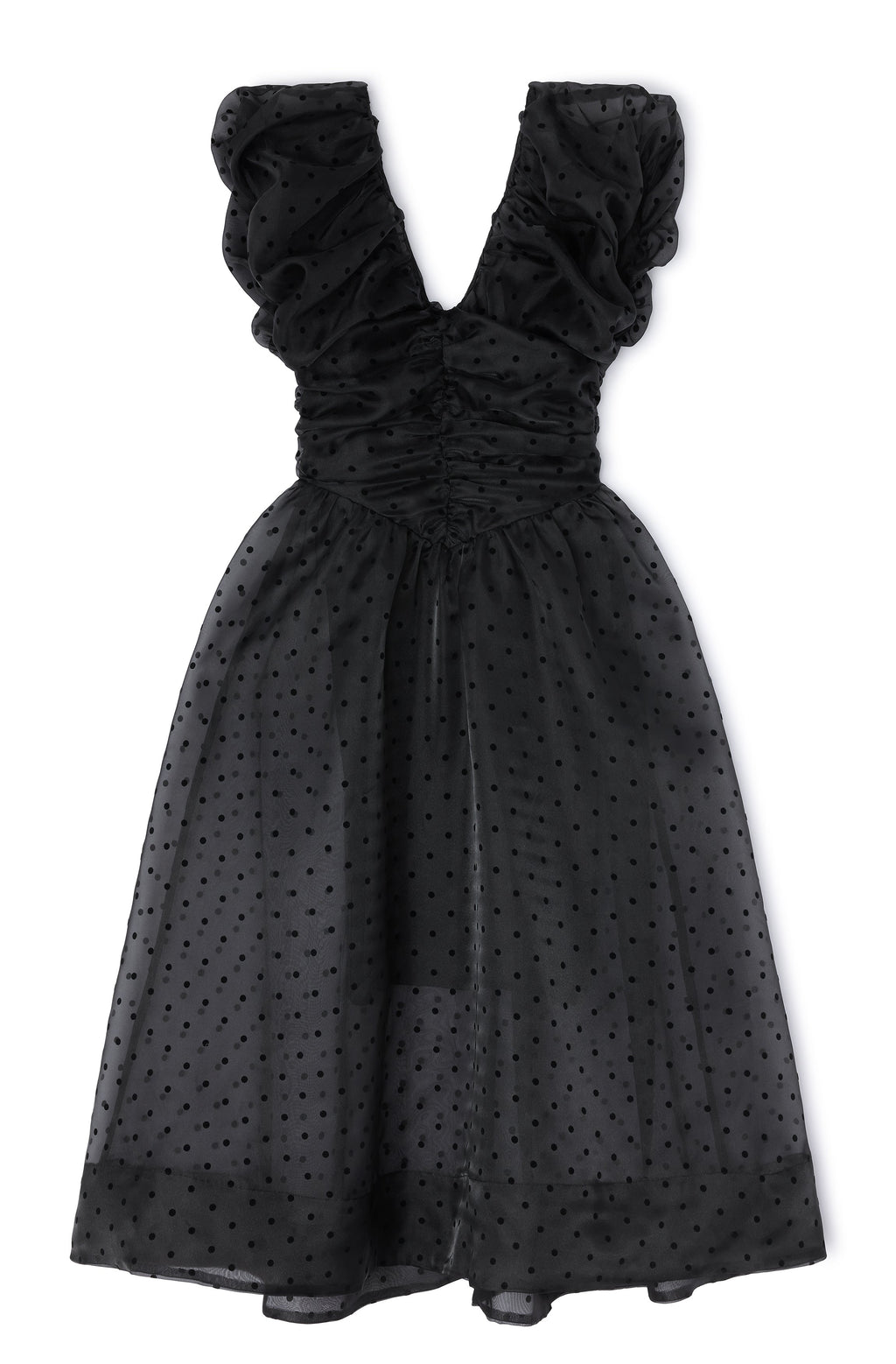 Ganni Flocked Organza Long Ruched Dress