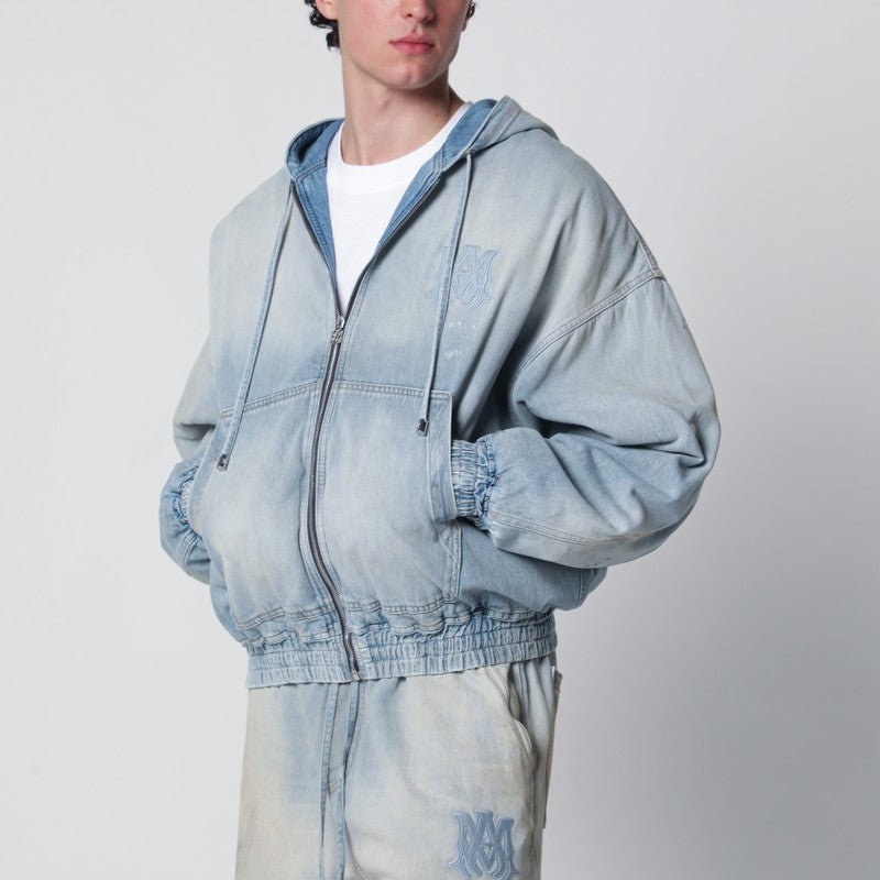 Light blue washed denim bomber jacket
