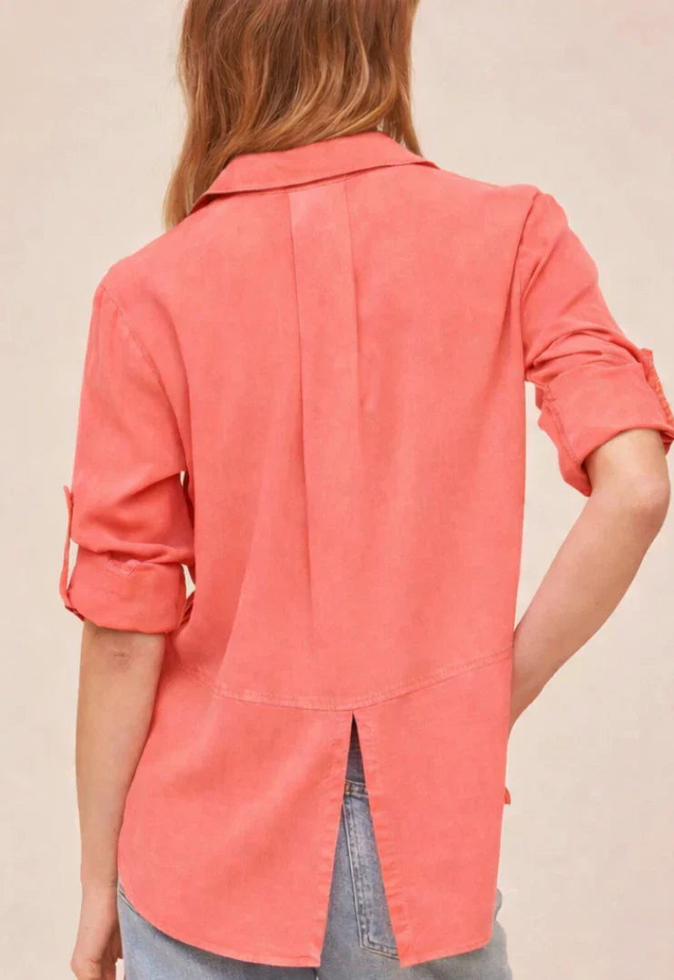Bella Dahl Split Back Button Shirt in Wild Coral
