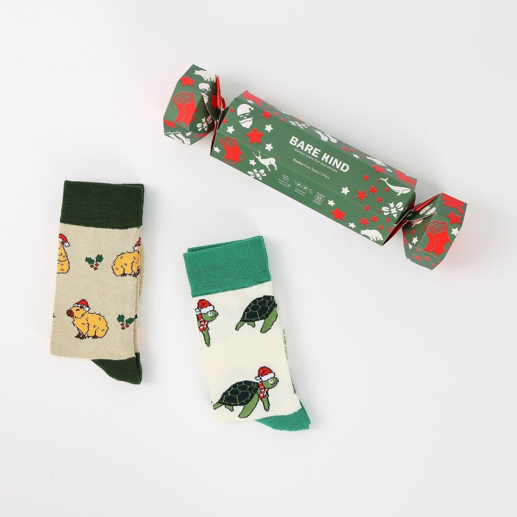Bare Kind Christmas Cracker Capybara & Turtle Bamboo Socks | 2 Pack