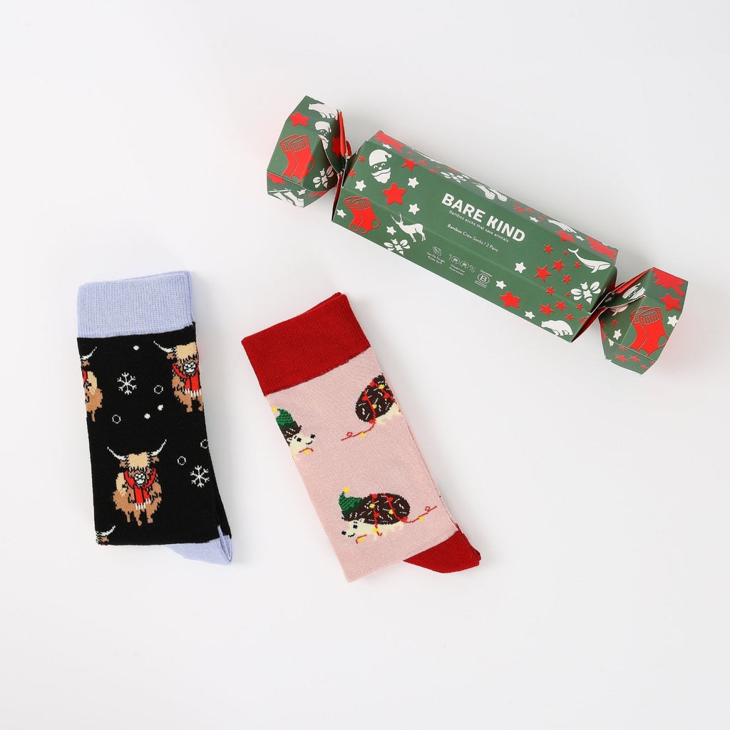 Bare Kind Christmas Cracker Hedgehog & Highland Cow Bamboo Socks | 2 Pack