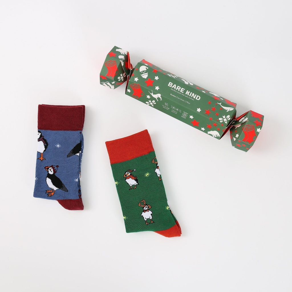 Bare Kind Christmas Cracker Blue Puffin & Green Puffin Bamboo Socks | 2 Pack