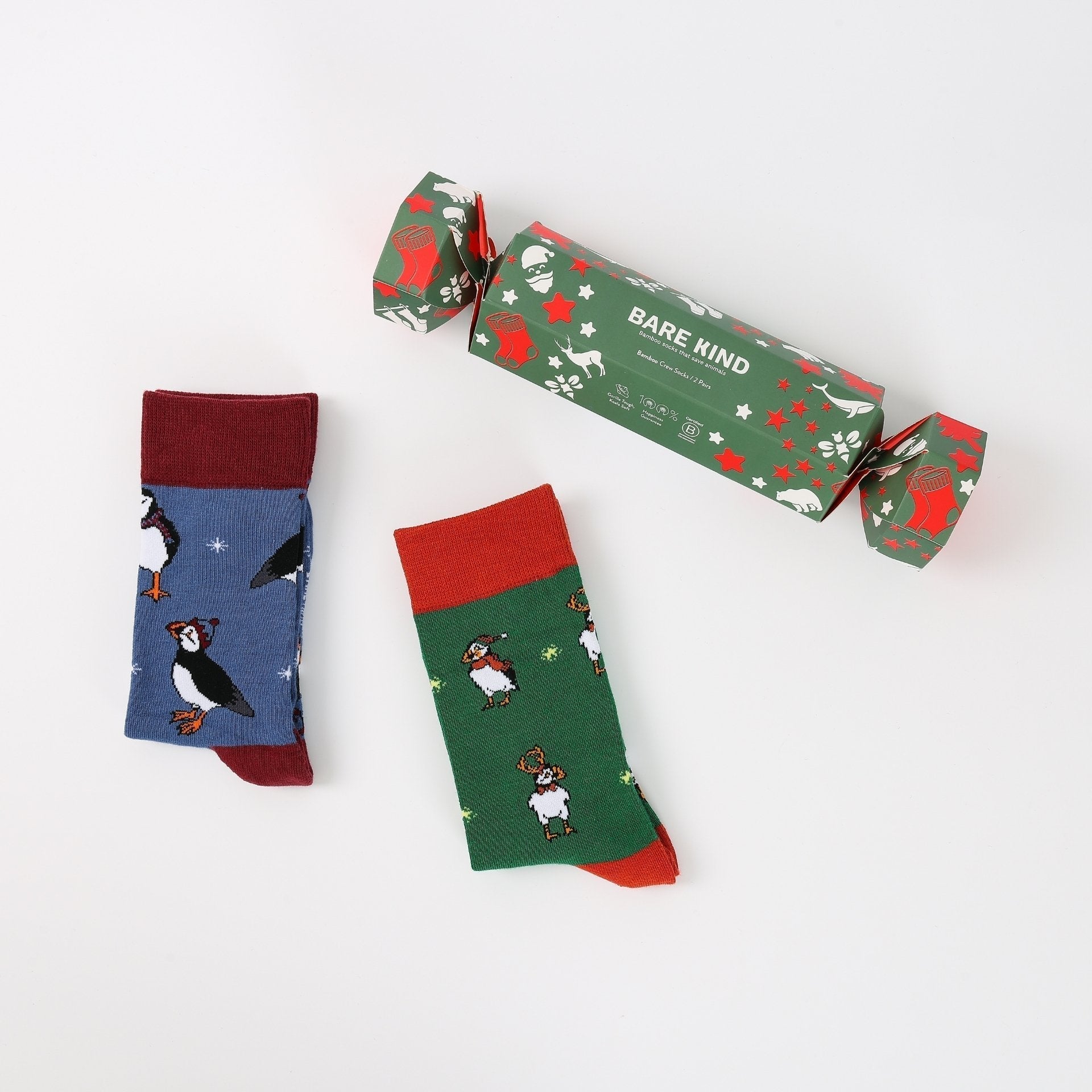 Bare Kind Christmas Cracker Blue Puffin & Green Puffin Bamboo Socks | 2 Pack