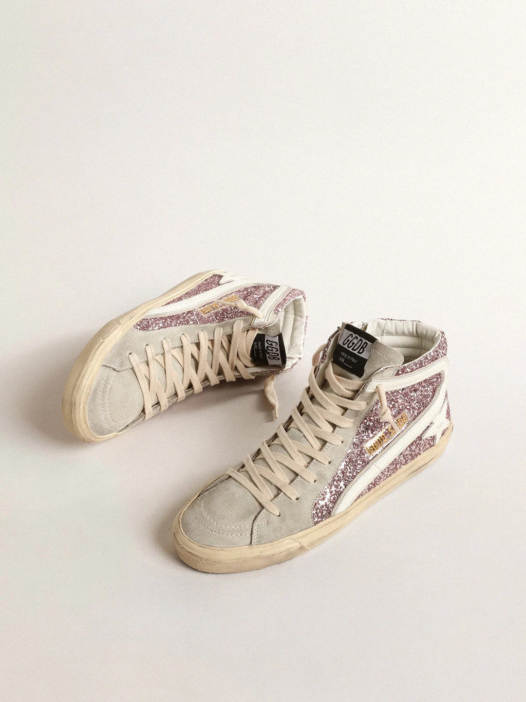 Golden Goose Slide in lilac glitter with white leather star and flash
