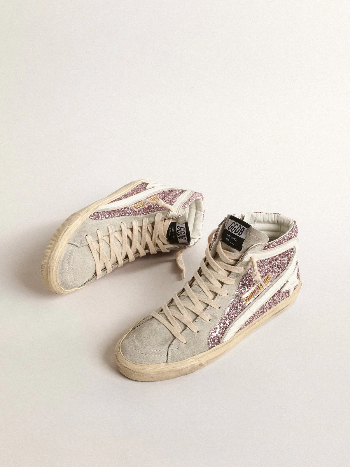 Golden Goose Slide in lilac glitter with white leather star and flash