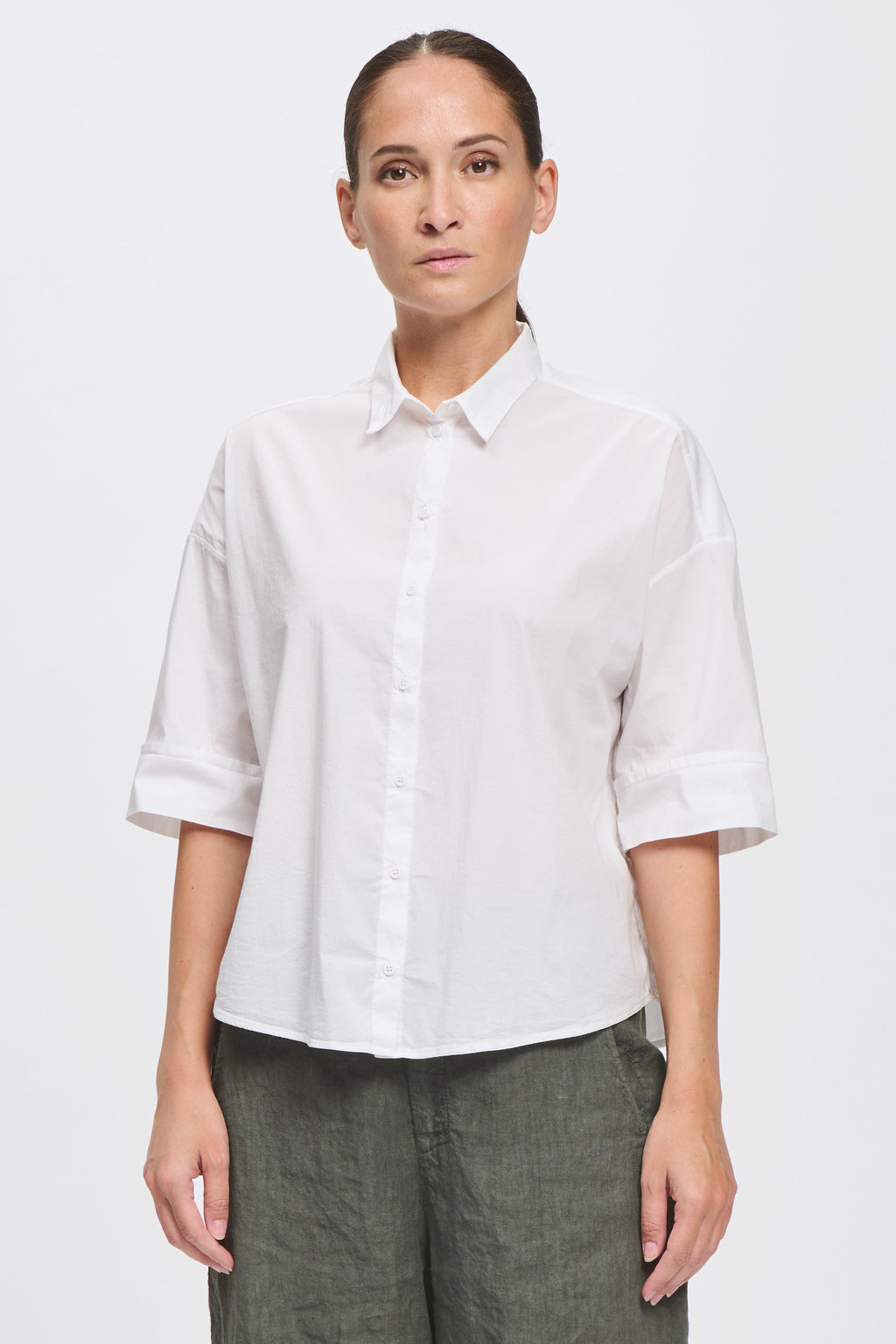 Transit  Comfort fit 3/4 sleeve shirt with rounded bottom in stretch poplin