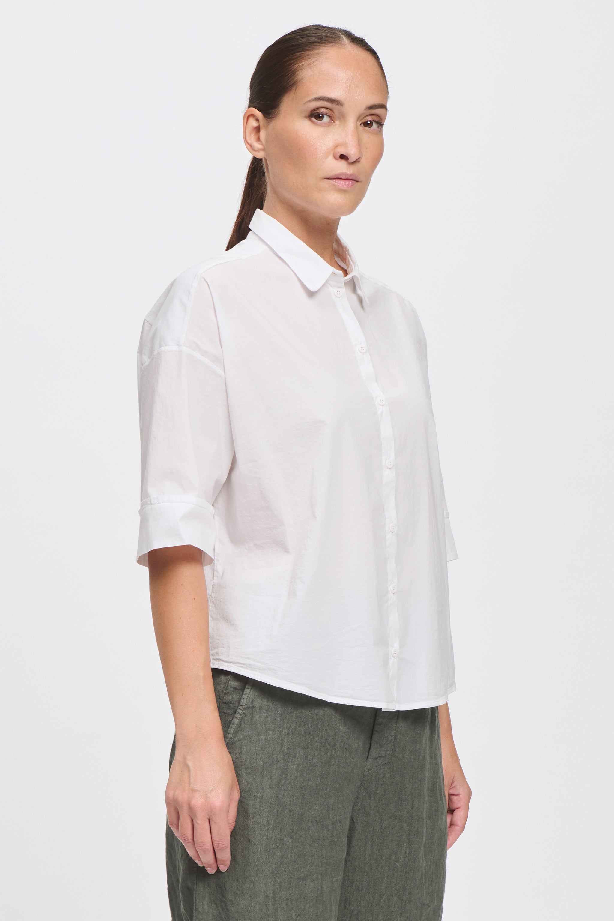 Transit  Comfort fit 3/4 sleeve shirt with rounded bottom in stretch poplin