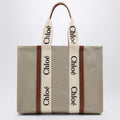 Large Woody tote bag in beige canvas