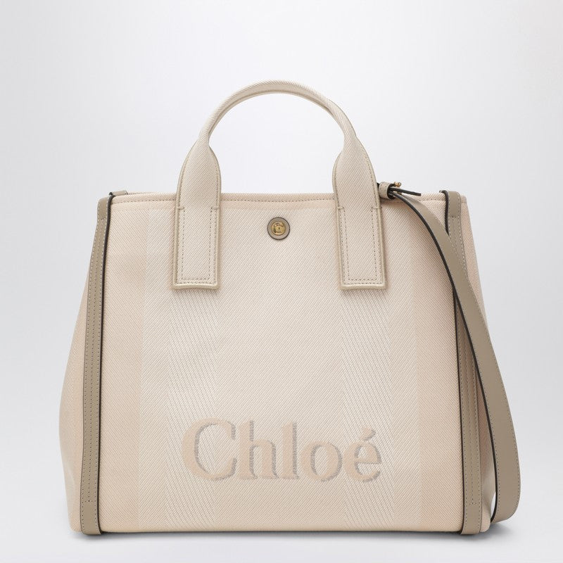 Carry tote bag in pink beige striped canvas