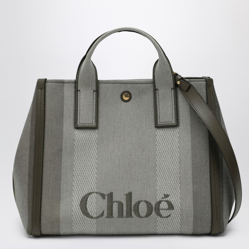 Carry tote bag in dark green striped canvas