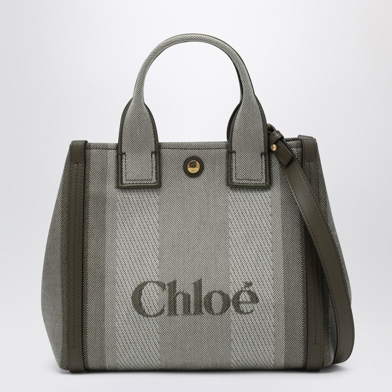 Carry Small tote bag in dark green striped canvas