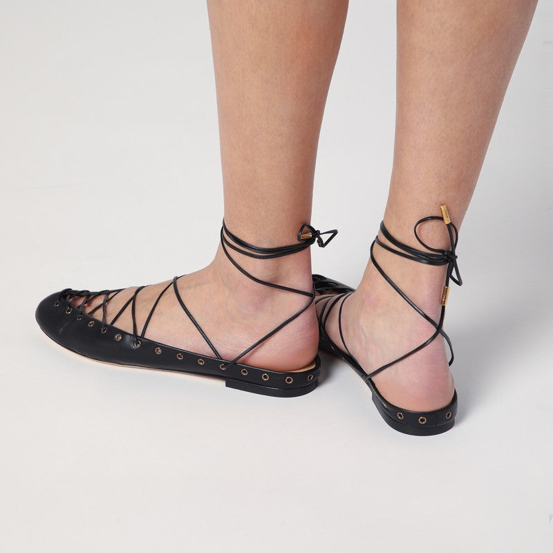Black Leather Ghillie Ballerinas
