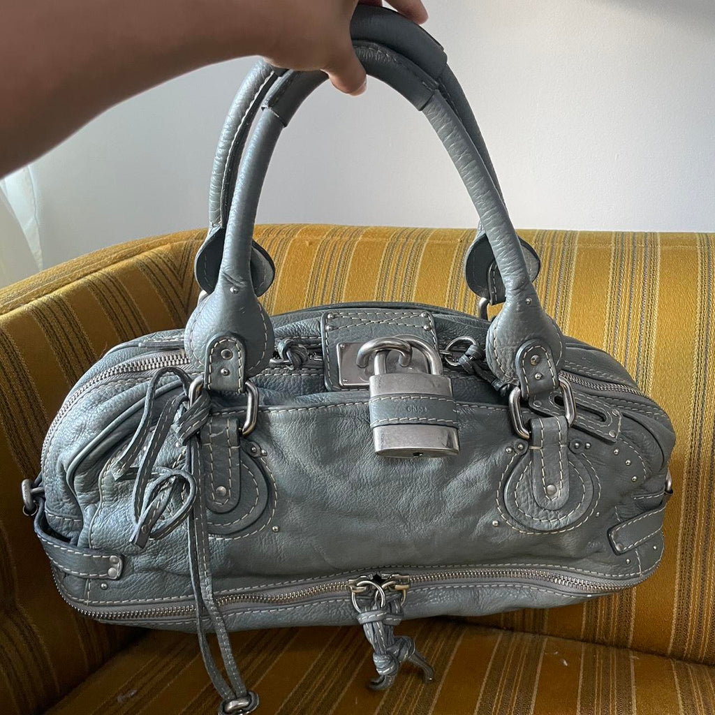 Vintage Chloé Paddington Zippy Satchel Bag in Grey Blue Leather