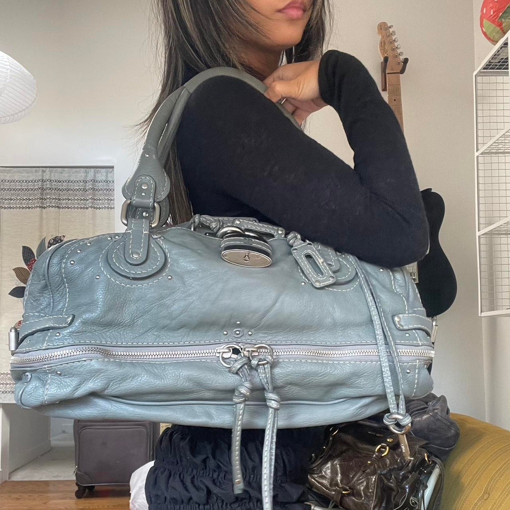Vintage Chloé Paddington Zippy Satchel Bag in Grey Blue Leather