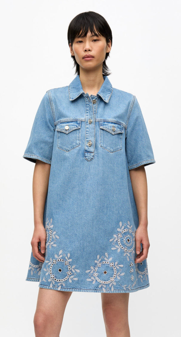 Ganni Broderie Anglaise Denim Mini Dress
