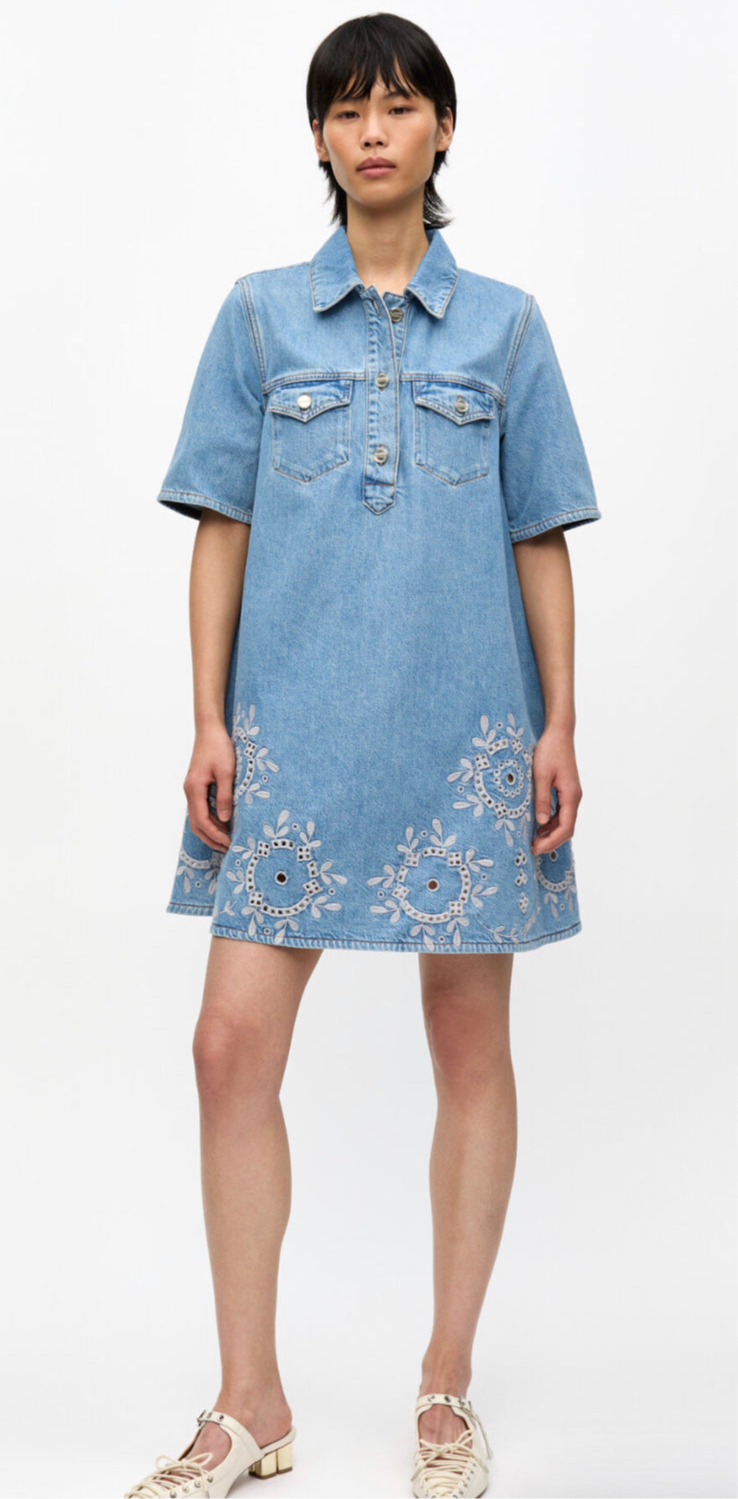 Ganni Broderie Anglaise Denim Mini Dress